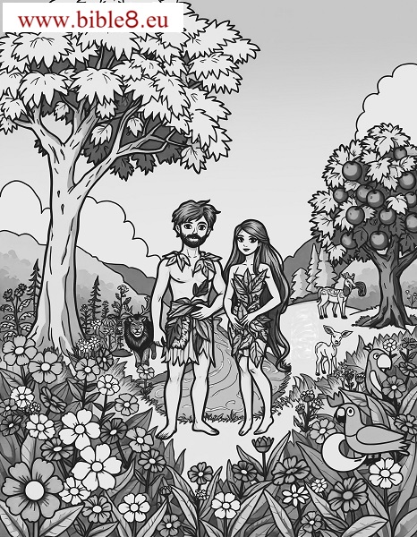 Coloring pictures for kids: Adam and Eve in the Garden of Eden