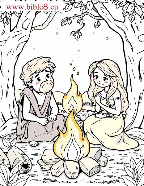 Ausmalbild: Adam und Eva verlassen den Garten Eden.
