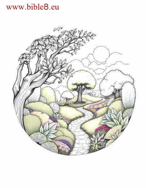 Coloring Page: Adam and Eve happily walked through the Garden of Eden. Draw the path they walked on, add flowers and birds, and don't forget a tree!