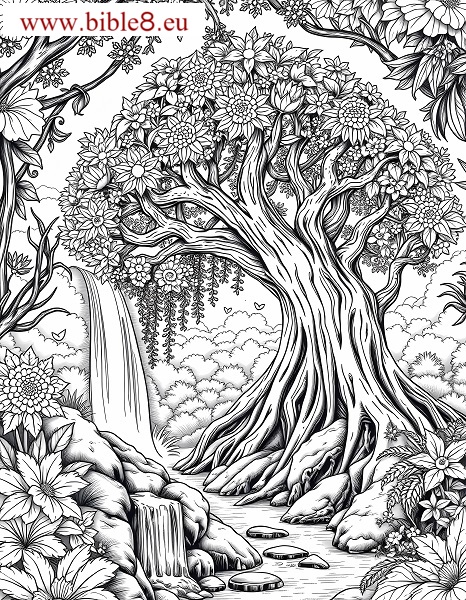 Coloring Page: Tree of Life and river in the Garden of Eden.